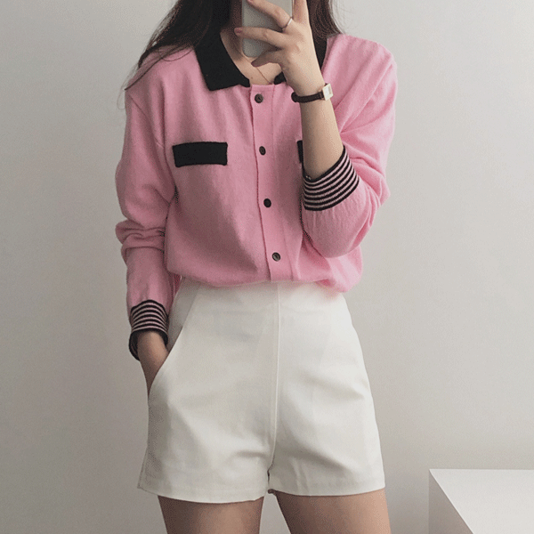thecoi(더코이) / pink coco black line collar knit cardigan(핑크 코코 블랙 배색 카라 니트 가디건)